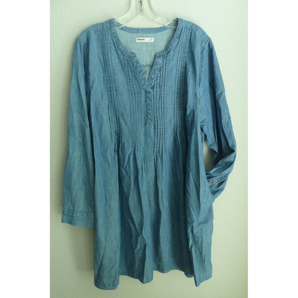 Sonoma Goods For Life Women PXL Blue Cotton Pintuck Chambray Tunic Dress 06/23